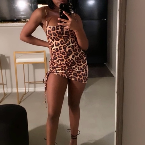 Tan Cowl Neck Leopard Print Ruched Side Bodycon Dress - Picture 3 of 4